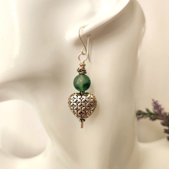 Natural Jade Stone Silver Heart Dangle Earrings - Picture 2 of 8